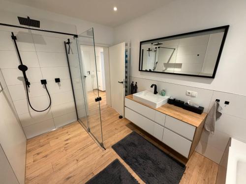 a bathroom with a shower and a sink and a mirror at Ferienwohnung Schöne Aussicht in Löf