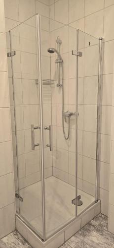 a shower with a glass door in a bathroom at Monteur und Messewohnung in Rodgau