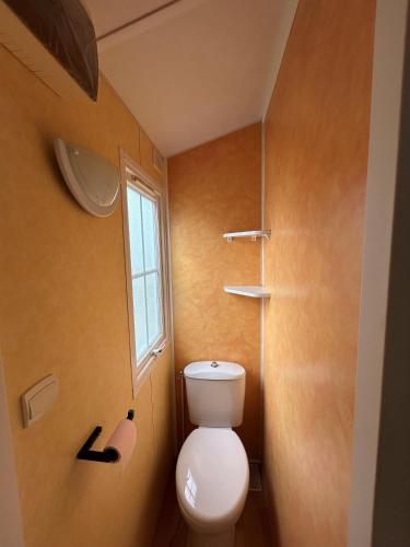 a small bathroom with a toilet and a window at Camping Le Pavillon bleu in L'Aiguillon-la-Presqu'île