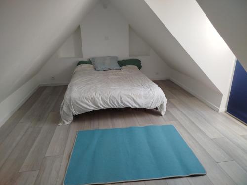 a bedroom with a bed and a blue rug on the floor at Maison à L'île Grande in Pleumeur-Bodou