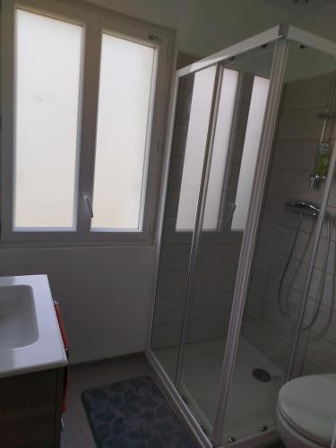 a bathroom with a shower and a toilet and two windows at Maison à L'île Grande in Pleumeur-Bodou