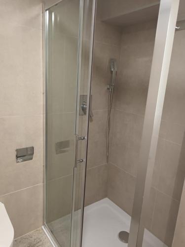 a shower with a glass door in a bathroom at Kawalerka Perzycka in Poznań