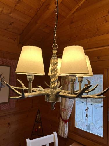 a chandelier hanging from a ceiling in a cabin at Blockhaus Bayerischer Wald in Stamsried
