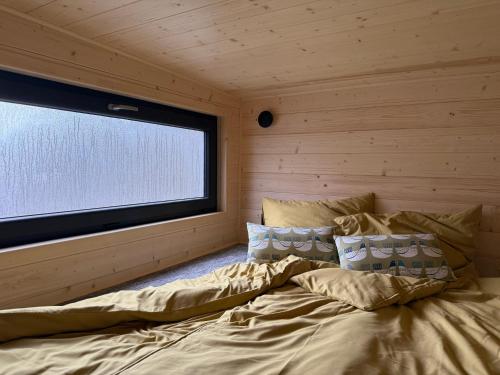 a bed in a room with a window at Pomiedzy debami - domki in Emilia