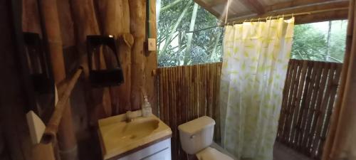 a bathroom with a sink and a toilet and a shower at Rústico y Natural in Estación El Salto