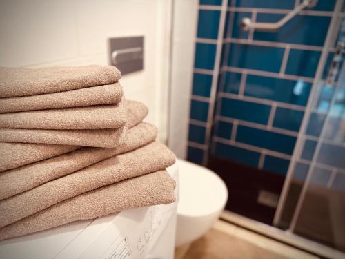 a stack of towels sitting on top of a toilet at Valparaíso Apartments Flamingo in San Bartolomé