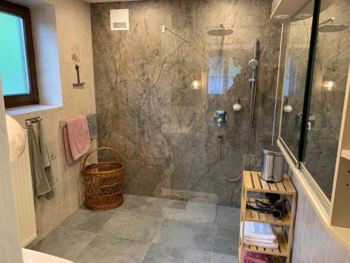 a bathroom with a shower with a glass door at Ferienwohnung Walker in Oberdrauburg