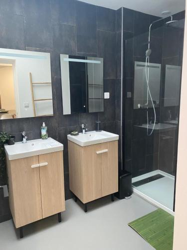 a bathroom with two sinks and a shower at Chez Rachel in Mérélessart