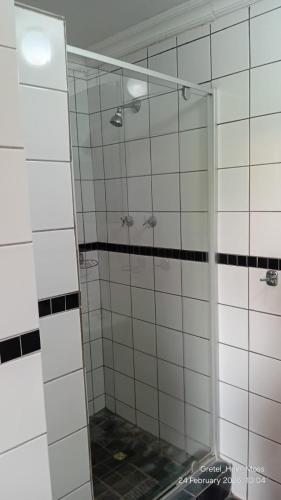 a shower with a glass door and black and white tiles at Lodge Linga Longa in Queenstown