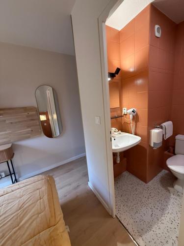 a bathroom with a sink and a toilet at Logis Hôtel La Cascade - Lyon Nord in Saint-Genis-les-Ollières
