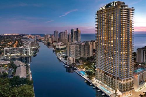 an aerial view of a city with a river at 3BR Oceanview HYDE - Free Parking, No Resort Fee in Hollywood