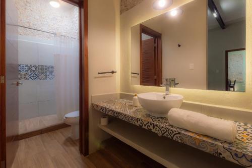 a bathroom with a sink and a toilet and a mirror at Casa Talavera, Tu Casa en Mérida in Mérida