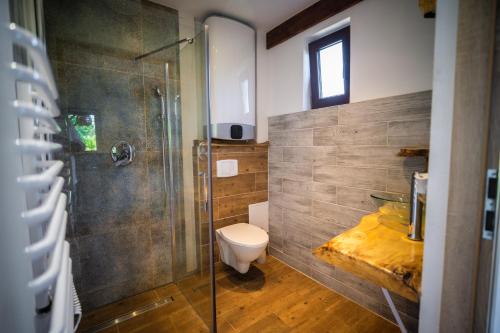 a bathroom with a toilet and a glass shower at Domek Umilenia in Mrzygłód