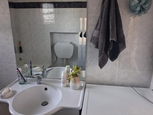 a bathroom with a white sink and a mirror at tragano in Traganón