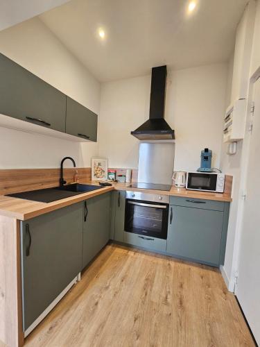 a kitchen with a sink and a stove at L'Entre Deux Gare Centre-Ville in Saint-Brieuc
