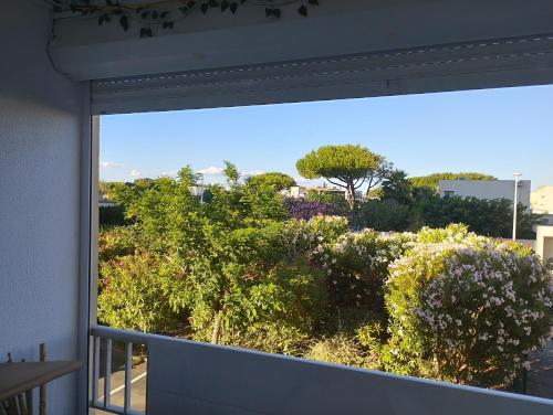 a window view of a garden from a balcony at Plage à 2mn à pieds in Carnon-Plage