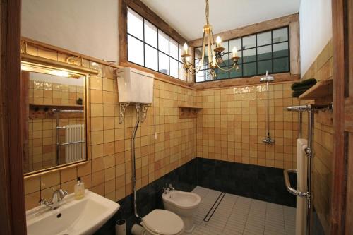 a bathroom with a sink and a toilet and a mirror at Die Orchidee - Gutshaus Bückling in Rambin