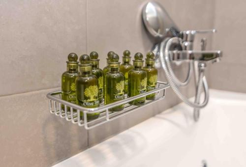 a rack with five green bottles on a bathroom sink at Axas House in Stení