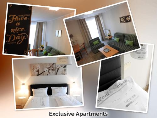 eine Collage mit vier Bildern eines Hotelzimmers in der Unterkunft Exclusive Holiday Apartments in Villach