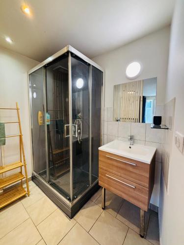 a bathroom with a shower and a sink at Le Clemenceau - Appartements meublés in Gien