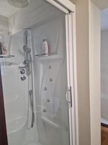 a shower with a glass door in a bathroom at Ginetta in Madonna del Sasso