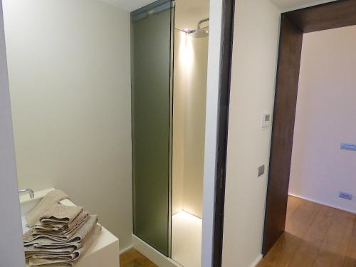 a bathroom with a green glass door and a mirror at ALC - MOL4 - 8 min Palais in Cannes