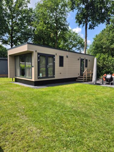 a tiny house in a yard with a lawn at Chalet La Diga in Mariënberg
