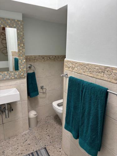 a bathroom with a toilet and blue towels at Sea View Bliss in Ballito