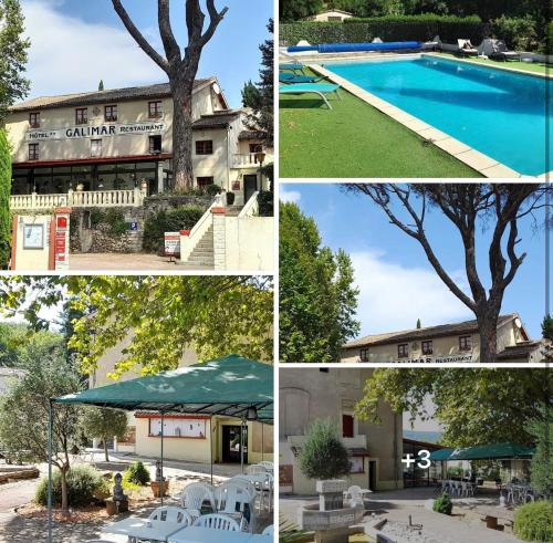 four different pictures of a house and a pool at HOTEL GALIMAR in Lamalou-les-Bains
