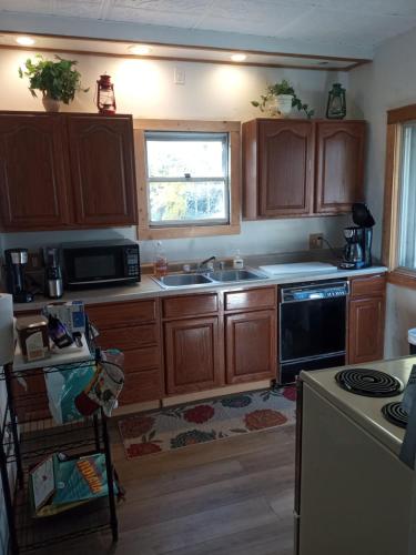 a kitchen with wooden cabinets and a sink and a stove at Altgeld House in South Bend