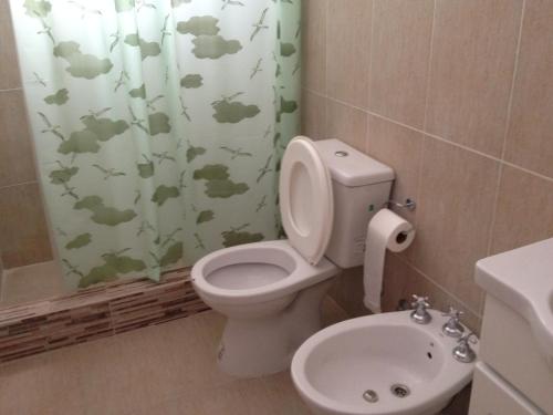 a bathroom with a toilet and a sink and a shower curtain at Apart Orange in Pilar