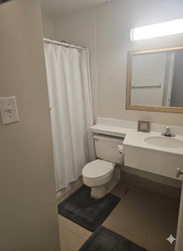 a bathroom with a toilet and a sink and a mirror at Noble Suites in Albany