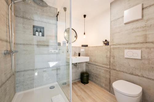 a bathroom with a shower and a toilet and a sink at Sali Homes - Bergerie in Obersulm