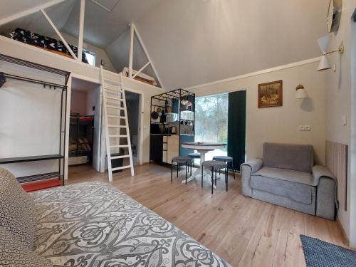 a bedroom with a loft bed and a table and chairs at small house "Urgas" by the sea with 6 beds in Plieņciems