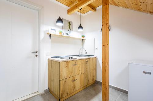 a kitchen with a sink and a wooden cabinet at Lalun Aparts in Golem