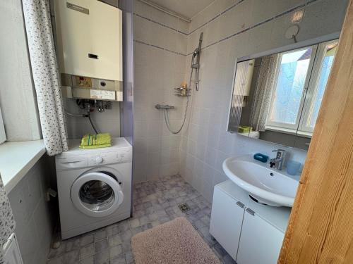 a bathroom with a washing machine and a sink at Ferienhaus Gansbach in Gansbach