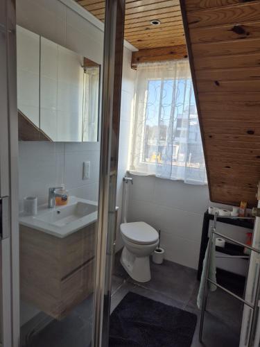 a bathroom with a toilet and a sink and a window at maison prairie in Haguenau
