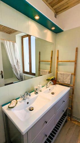 a bathroom with a sink and a large mirror at Le Pavillon des Dames in Migé