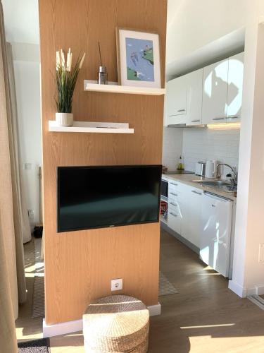 a living room with a large television in a kitchen at Casinhas da Póvoa- Turismo Natureza in Castelo de Vide