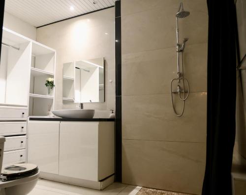 a bathroom with a shower and a sink at Domaine Maud-Le Néoma-confort ! 50m plage in Saint-Pierre