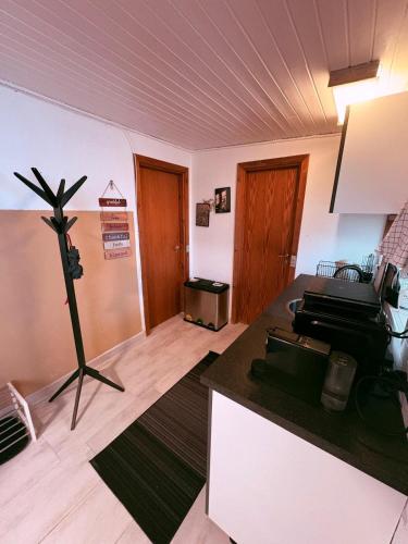 a room with a kitchen with a plant in it at Family room in centrum 300m to Lego House and walking street in Billund