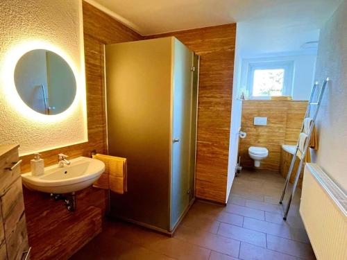 a bathroom with a sink and a toilet at Hochsitz Appartement in Seelitz