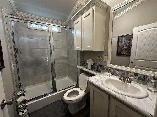 a bathroom with a shower and a toilet and a sink at Romantic Getaway Hot Tub Keyless Arrival in Broken Bow