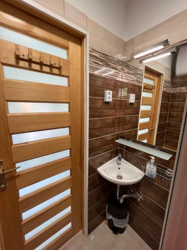 a bathroom with a sink and a wooden wall at MaNo Apartman Siófok in Siófok