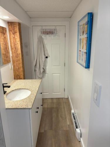 a bathroom with a sink and a white door at Private Suite Jones Lake- West Moncton in Moncton