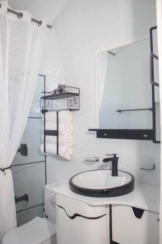 a bathroom with a sink and a toilet and a mirror at Carrasco Apartamentos in Nagua