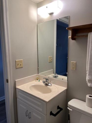 a bathroom with a sink and a mirror at Valley Suites Extended Stay Hotel in Harrisonburg