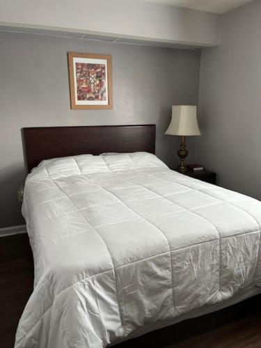 a large white bed in a bedroom with a lamp at Valley Suites Extended Stay Hotel in Harrisonburg