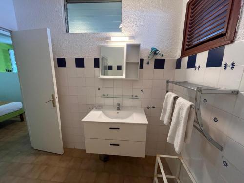 a bathroom with a sink and a mirror at Les 2 Cocotiers - Studios in Sainte-Luce