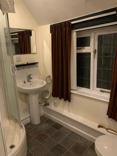 a bathroom with a sink and a toilet and a window at Broadwalk 6 in Coltishall